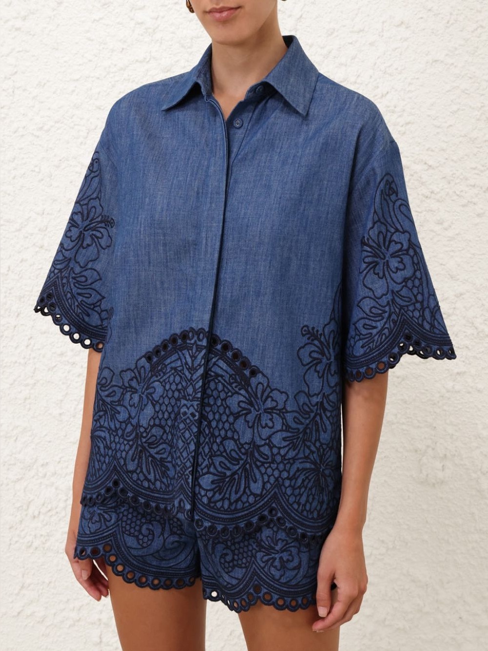 Zimmermann Women’s Coco Embroidered Denim Shirt in Railway Blue Sz 4 US NWT